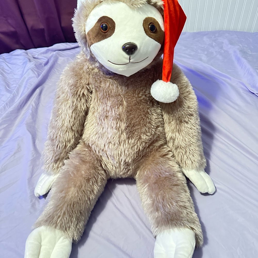 Adorable Brown Sloth Stuffed Animal with Santa Hat